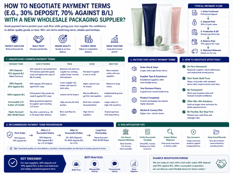 How to negotiate payment terms (e.g., 30% deposit, 70% against B/L) with a new wholesale packaging supplier? 4 How to negotiate payment terms (e.g., 30% deposit, 70% against B/L) with a new wholesale packaging supplier?