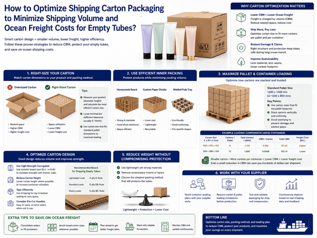 How to optimize shipping carton packaging to minimize shipping volume and ocean freight costs for empty tubes? 1 How to optimize shipping carton packaging to minimize shipping volume and ocean freight costs for empty tubes