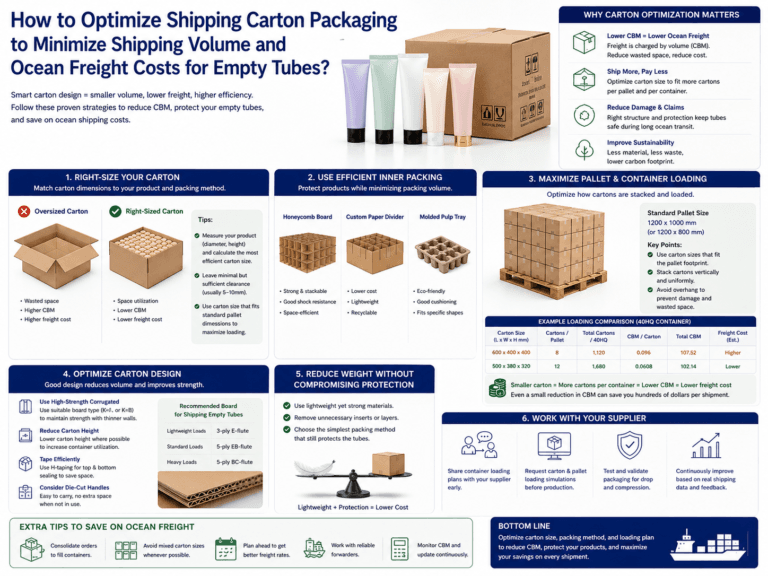 How to optimize shipping carton packaging to minimize shipping volume and ocean freight costs for empty tubes? 4 How to optimize shipping carton packaging to minimize shipping volume and ocean freight costs for empty tubes