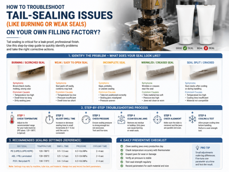 How to troubleshoot tail-sealing issues (like burning or weak seals) on your own filling factory? 3 How to troubleshoot tail-sealing issues (like burning or weak seals) on your own filling factory