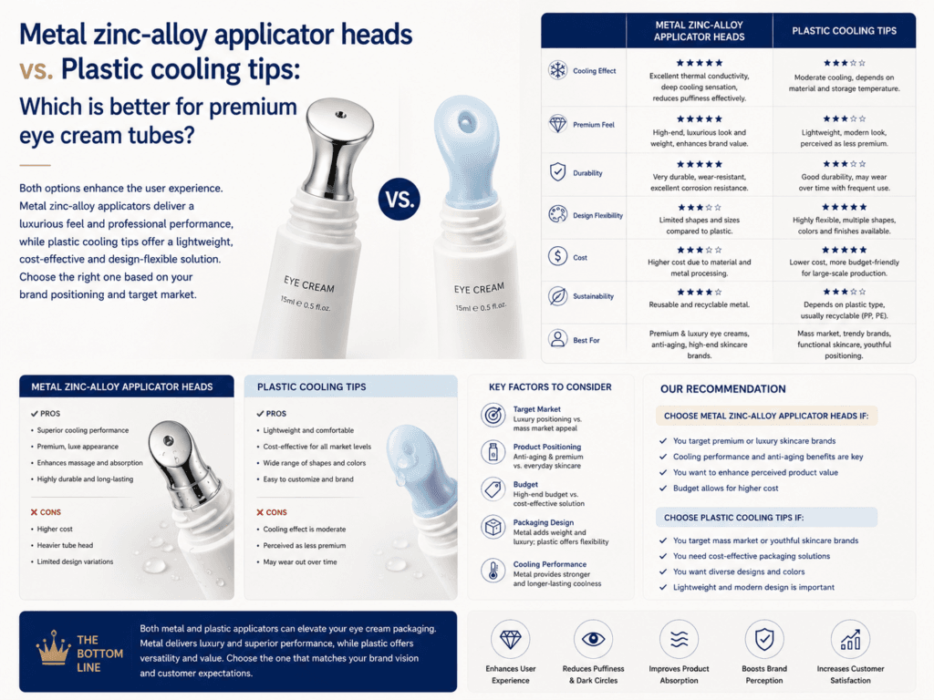 Metal zinc-alloy applicator heads vs. Plastic cooling tips: Which is better for premium eye cream tubes? 1 Metal zinc-alloy applicator heads vs. Plastic cooling tips: Which is better for premium eye cream tubes?