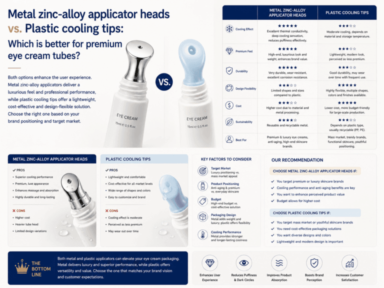 Metal zinc-alloy applicator heads vs. Plastic cooling tips: Which is better for premium eye cream tubes? 5 Metal zinc-alloy applicator heads vs. Plastic cooling tips: Which is better for premium eye cream tubes?