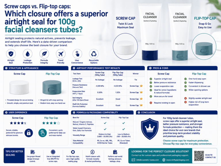 Screw caps vs. Flip-top caps: Which closure offers a superior airtight seal for 100g facial cleansers tubes? 3 Screw caps vs. Flip-top caps: Which closure offers a superior airtight seal for 100g facial cleansers tubes?