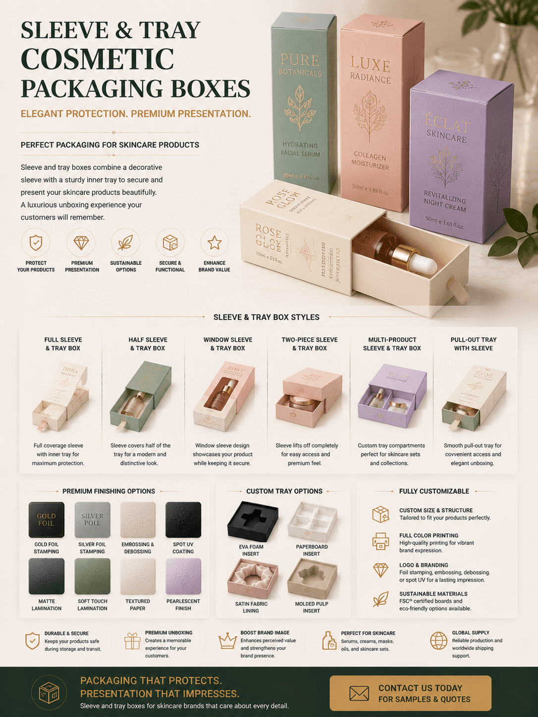 Sleeve and tray cosmetic packaging boxes for skincare products
