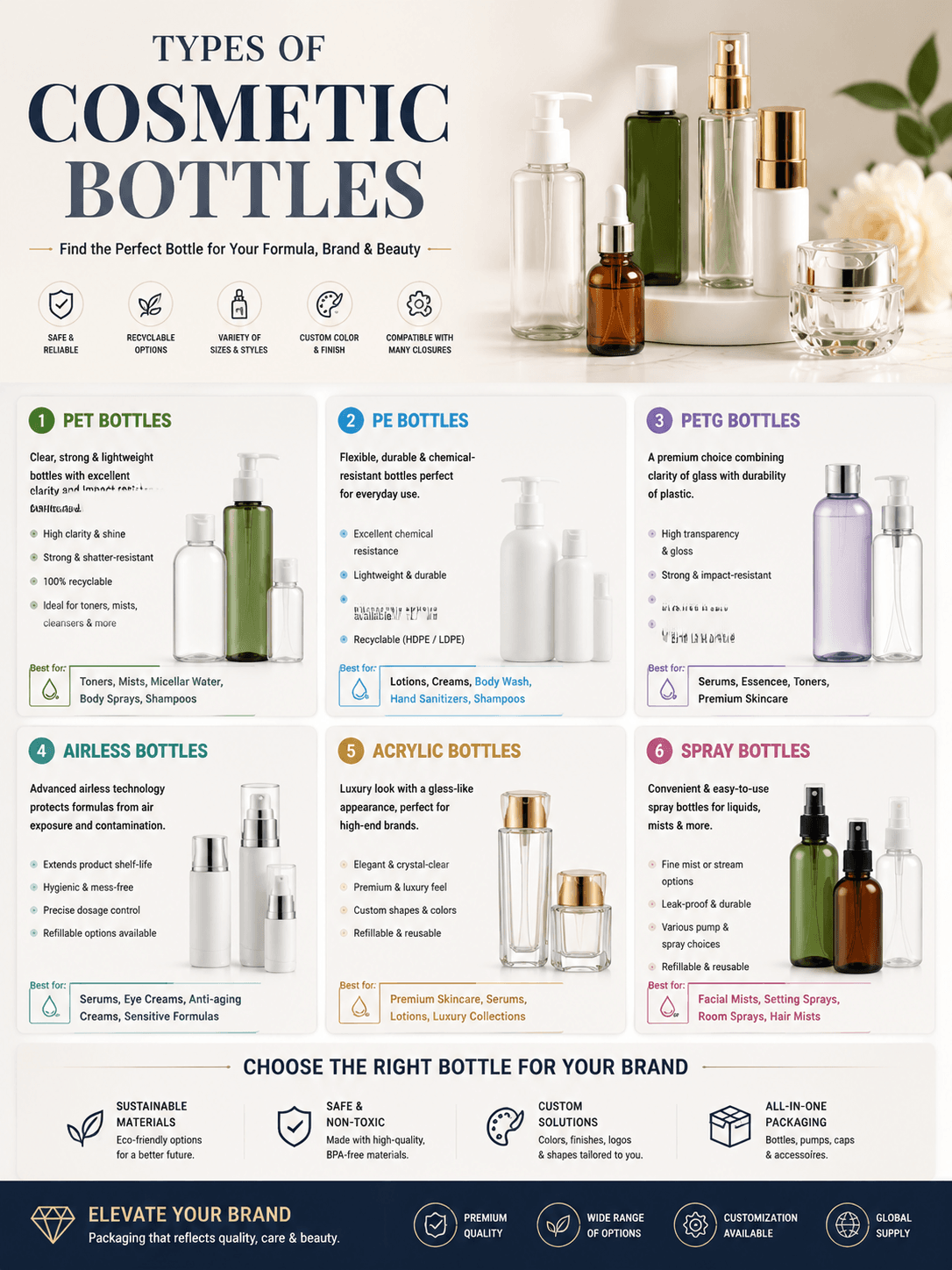 Types of cosmetic bottles including PET PE PETG airless acrylic and spray bottles