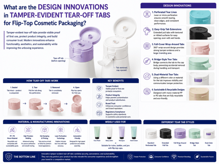 What are the design innovations in tamper-evident tear-off tabs for flip-top cosmetic packaging? 3 What are the design innovations in tamper-evident tear-off tabs for flip-top cosmetic packaging?