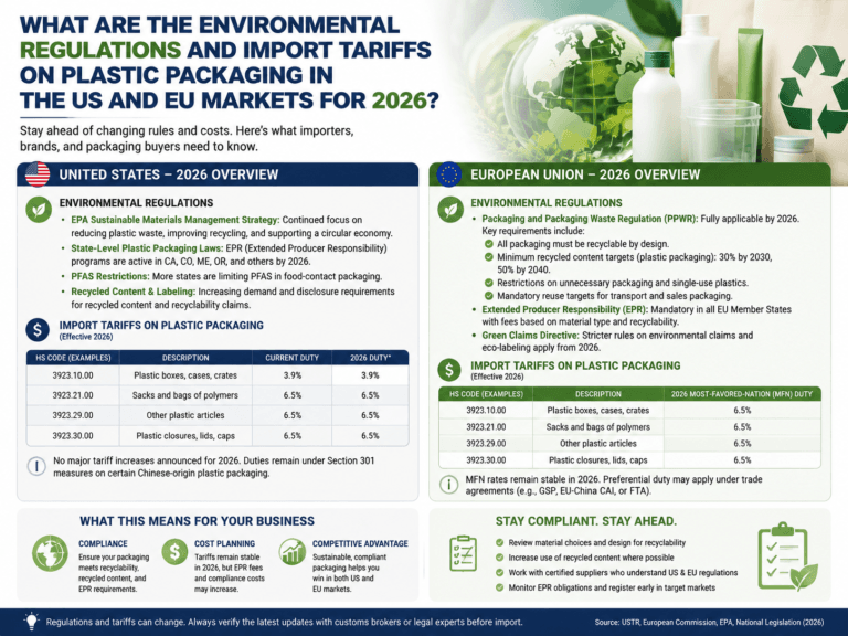 What are the environmental regulations and import tariffs on plastic packaging in the US and EU markets for 2026? 7 What are the environmental regulations and import tariffs on plastic packaging in the US and EU markets for 2026