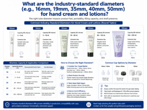 What are the industry-standard diameters (e.g., 16mm, 19mm, 35mm, 40mm, 50mm) for hand cream and lotions?