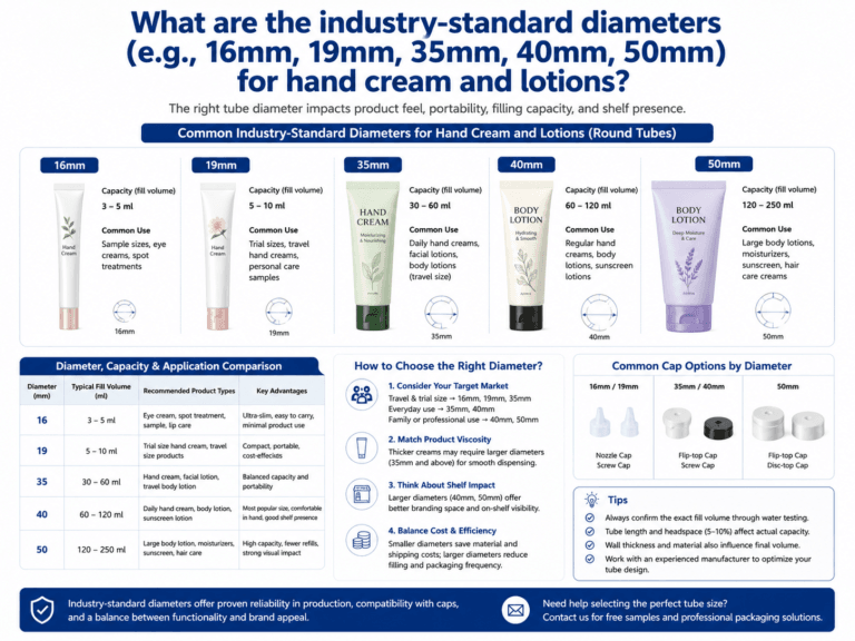 What are the industry-standard diameters (e.g., 16mm, 19mm, 35mm, 40mm, 50mm) for hand cream and lotions? 4 What are the industry-standard diameters (e.g., 16mm, 19mm, 35mm, 40mm, 50mm) for hand cream and lotions?