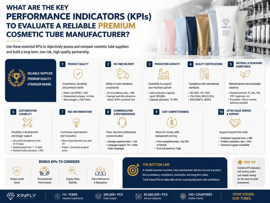 What are the key performance indicators (KPIs) to evaluate a reliable premium cosmetic tube manufacturer