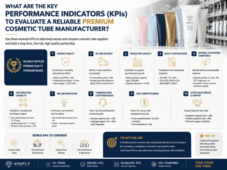 What are the key performance indicators (KPIs) to evaluate a reliable premium cosmetic tube manufacturer? 6 What are the key performance indicators (KPIs) to evaluate a reliable premium cosmetic tube manufacturer