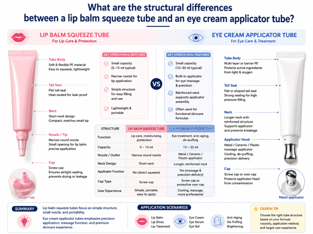 What are the structural differences between a lip balm squeeze tube and an eye cream applicator tube? 1 What are the structural differences between a lip balm squeeze tube and an eye cream applicator tube?