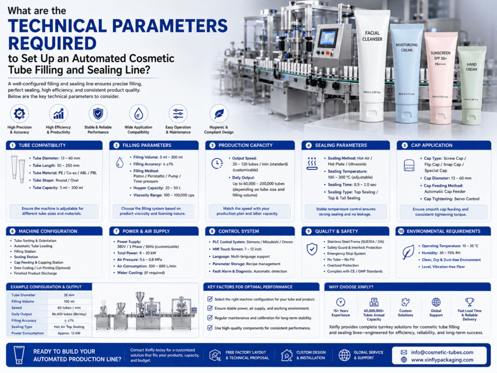 What are the technical parameters required to set up an automated cosmetic tube filling and sealing line? 1 What are the technical parameters required to set up an automated cosmetic tube filling and sealing line?