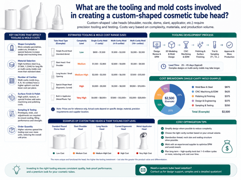 What are the tooling and mold costs involved in creating a custom-shaped cosmetic tube head? 3 What are the tooling and mold costs involved in creating a custom-shaped cosmetic tube head?