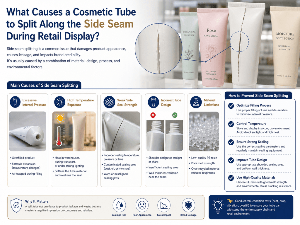 What causes a cosmetic tube to split along the side seam during retail display? 1 What causes a cosmetic tube to split along the side seam during retail display?