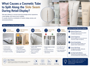 What causes a cosmetic tube to split along the side seam during retail display?