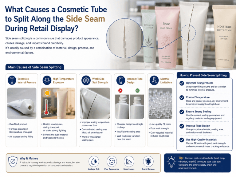 What causes a cosmetic tube to split along the side seam during retail display? 1 What causes a cosmetic tube to split along the side seam during retail display?