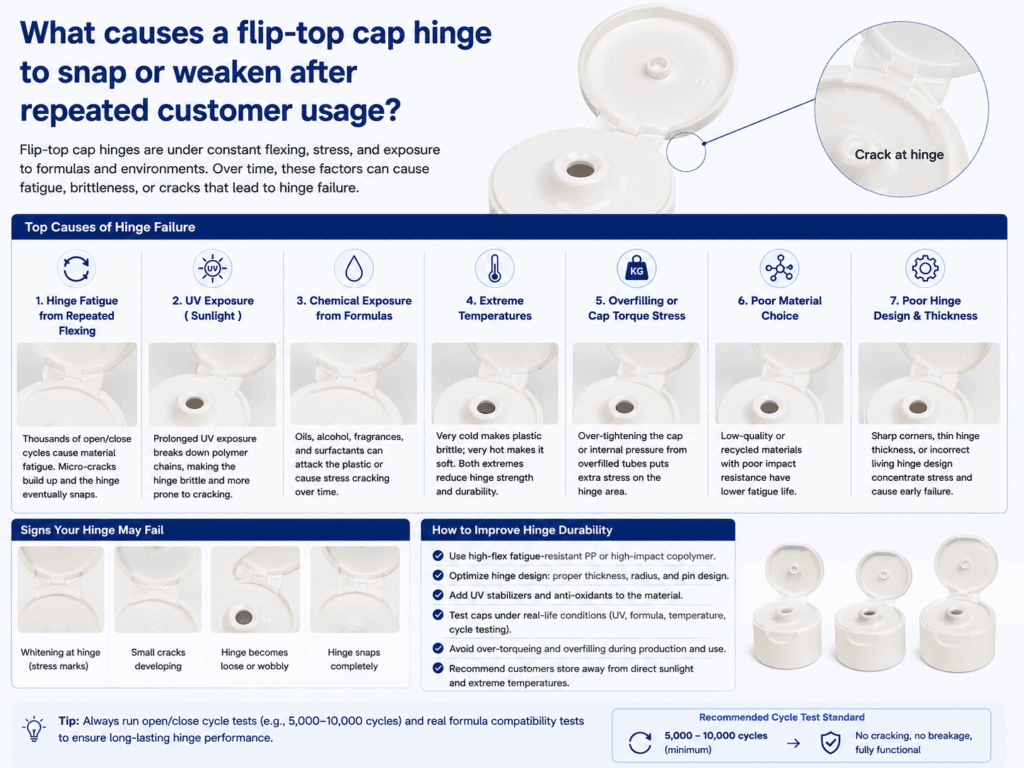 What causes a flip-top cap hinge to snap or weaken after repeated customer usage? 1 What causes a flip-top cap hinge to snap or weaken after repeated customer usage?