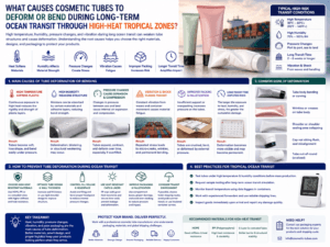 What causes cosmetic tubes to deform or bend during long-term ocean transit through high-heat tropical zones?