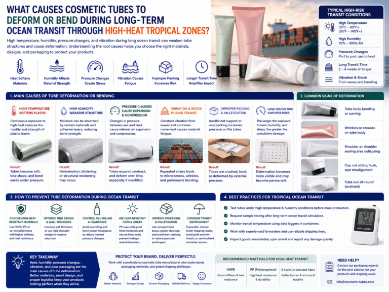 What causes cosmetic tubes to deform or bend during long-term ocean transit through high-heat tropical zones?