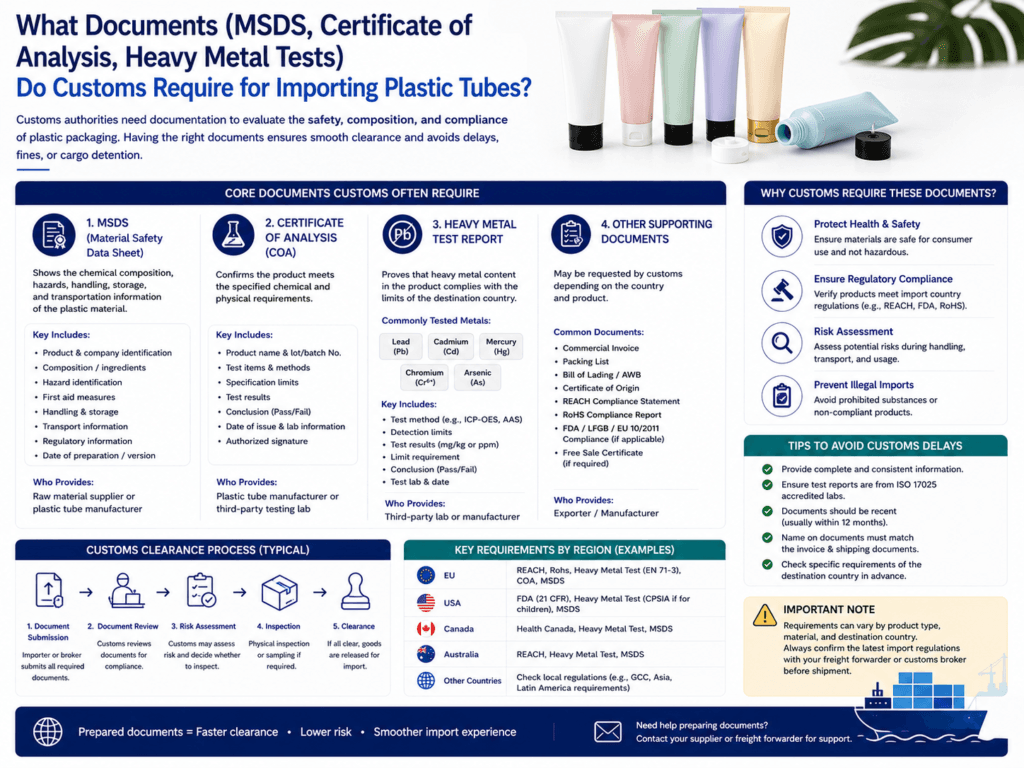 What documents (MSDS, Certificate of Analysis, Heavy Metal Tests) do customs require for importing plastic tubes? 1 What documents (MSDS, Certificate of Analysis, Heavy Metal Tests) do customs require for importing plastic tubes?