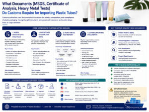 What documents (MSDS, Certificate of Analysis, Heavy Metal Tests) do customs require for importing plastic tubes?