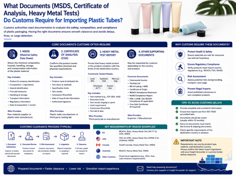 What documents (MSDS, Certificate of Analysis, Heavy Metal Tests) do customs require for importing plastic tubes? 3 What documents (MSDS, Certificate of Analysis, Heavy Metal Tests) do customs require for importing plastic tubes?
