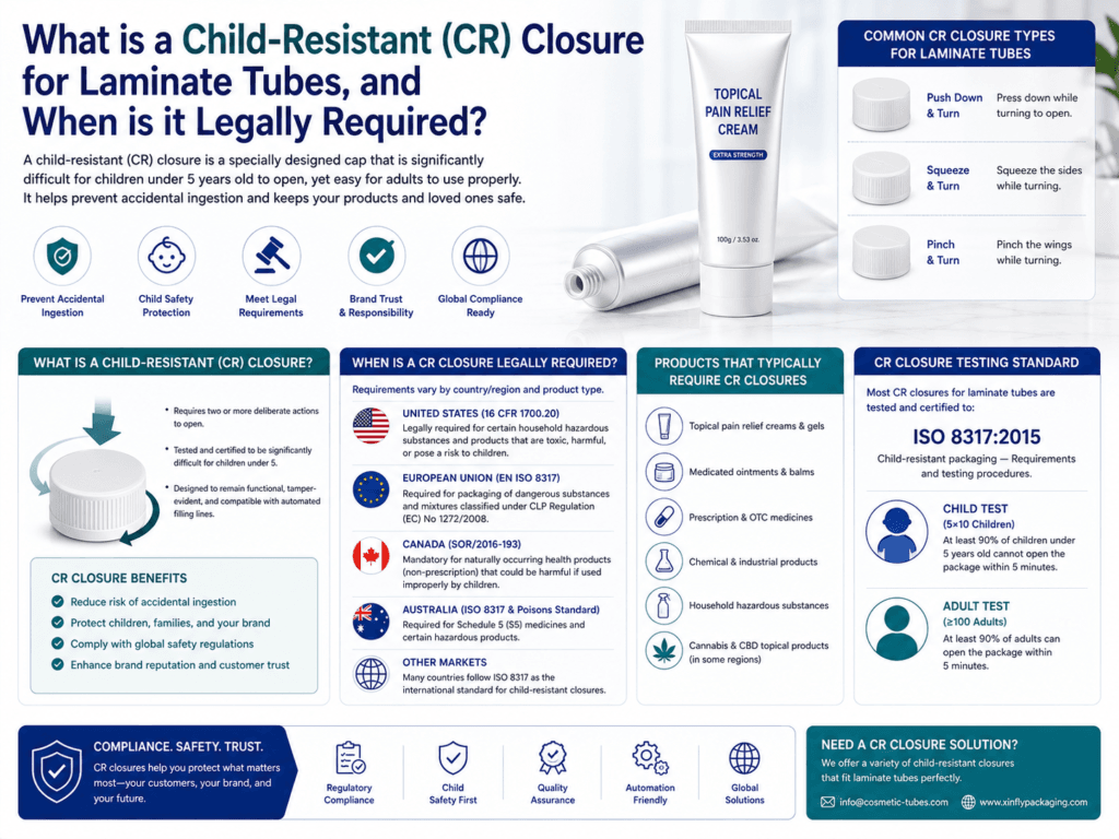 What is a child-resistant (CR) closure for laminate tubes, and when is it legally required? 1 What is a child-resistant (CR) closure for laminate tubes, and when is it legally required