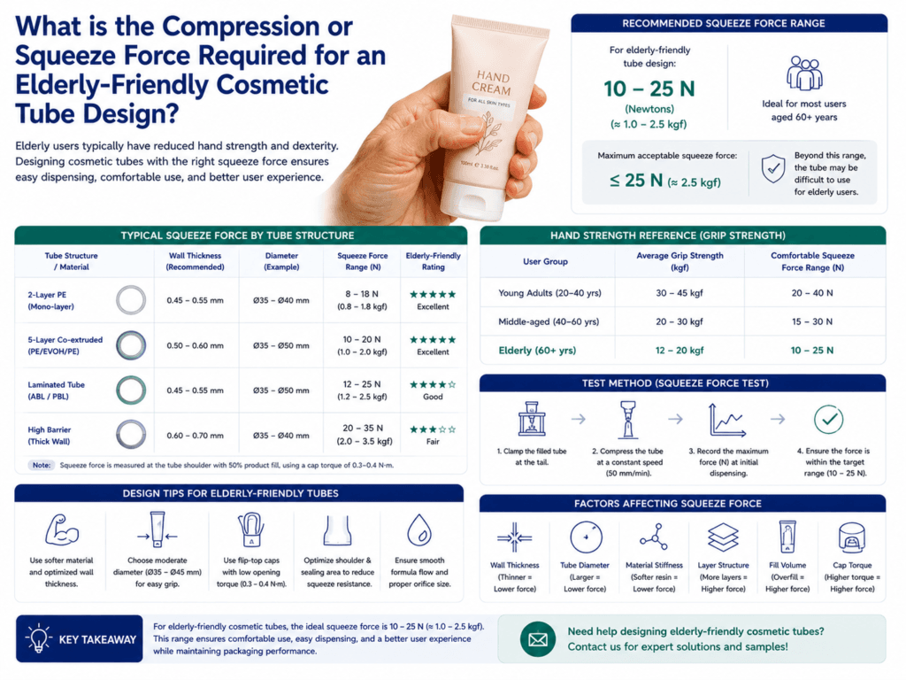 What is the compression or squeeze force required for an elderly-friendly cosmetic tube design? 1 What is the compression or squeeze force required for an elderly-friendly cosmetic tube design?