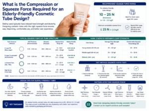 What is the compression or squeeze force required for an elderly-friendly cosmetic tube design?