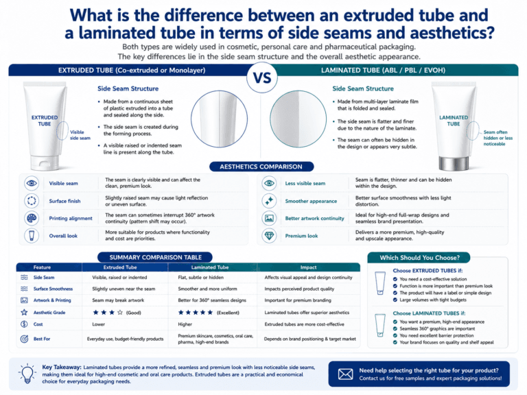 What is the difference between an extruded tube and a laminated tube in terms of side seams and aesthetics? 7 What is the difference between an extruded tube and a laminated tube in terms of side seams and aesthetics