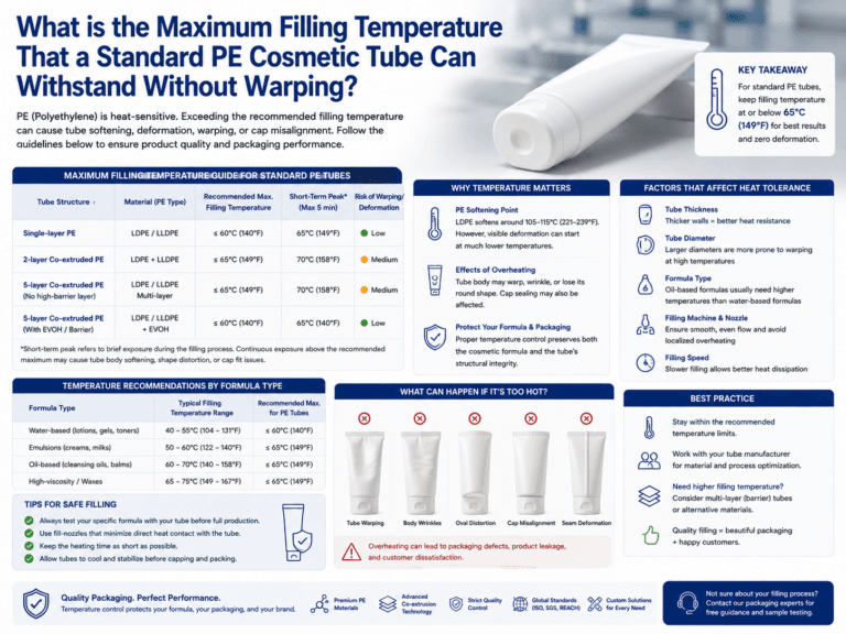 What is the maximum filling temperature that a standard PE cosmetic tube can withstand without warping?