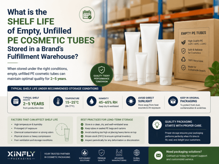 What is the shelf life of empty, unfilled PE cosmetic tubes stored in a brand's fulfillment warehouse? 5 What is the shelf life of empty, unfilled PE cosmetic tubes stored in a brand's fulfillment warehouse?