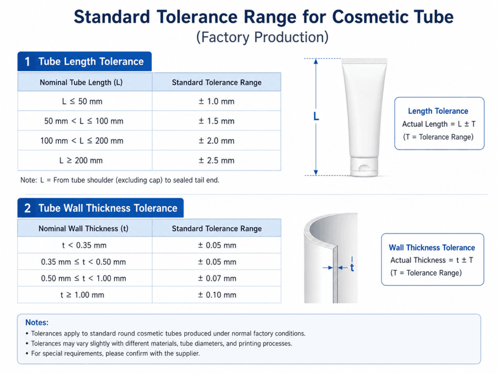 What is the standard tolerance range for cosmetic tube length and wall thickness in factory production? 1 What is the standard tolerance range for cosmetic tube length and wall thickness in factory production