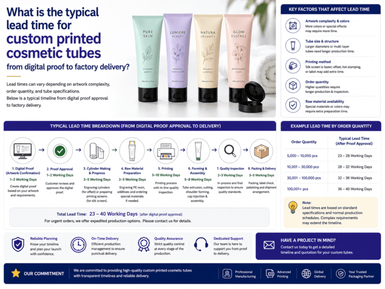 What is the typical lead time for custom printed cosmetic tubes from digital proof to factory delivery? 3 What is the typical lead time for custom printed cosmetic tubes from digital proof to factory delivery?