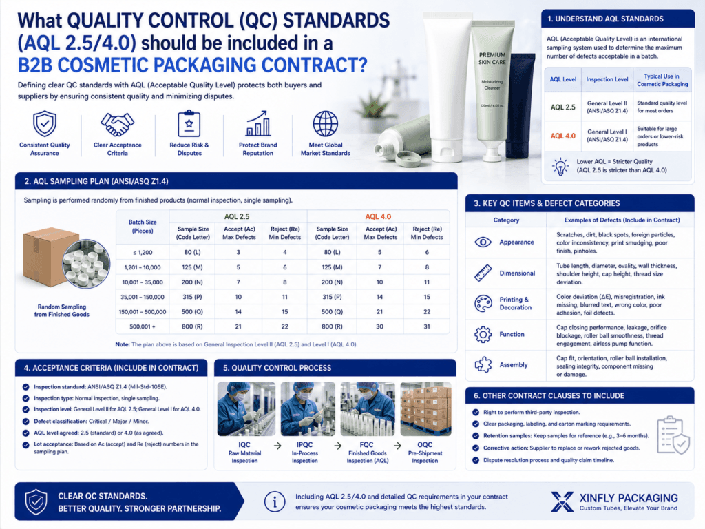 What quality control (QC) standards (AQL 2.5/4.0) should be included in a B2B cosmetic packaging contract? 1 What quality control (QC) standards (AQL 2.5:4.0) should be included in a B2B cosmetic packaging contract