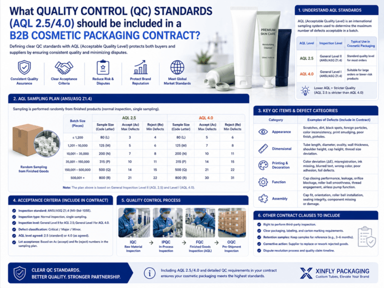 What quality control (QC) standards (AQL 2.5/4.0) should be included in a B2B cosmetic packaging contract? 3 What quality control (QC) standards (AQL 2.5:4.0) should be included in a B2B cosmetic packaging contract