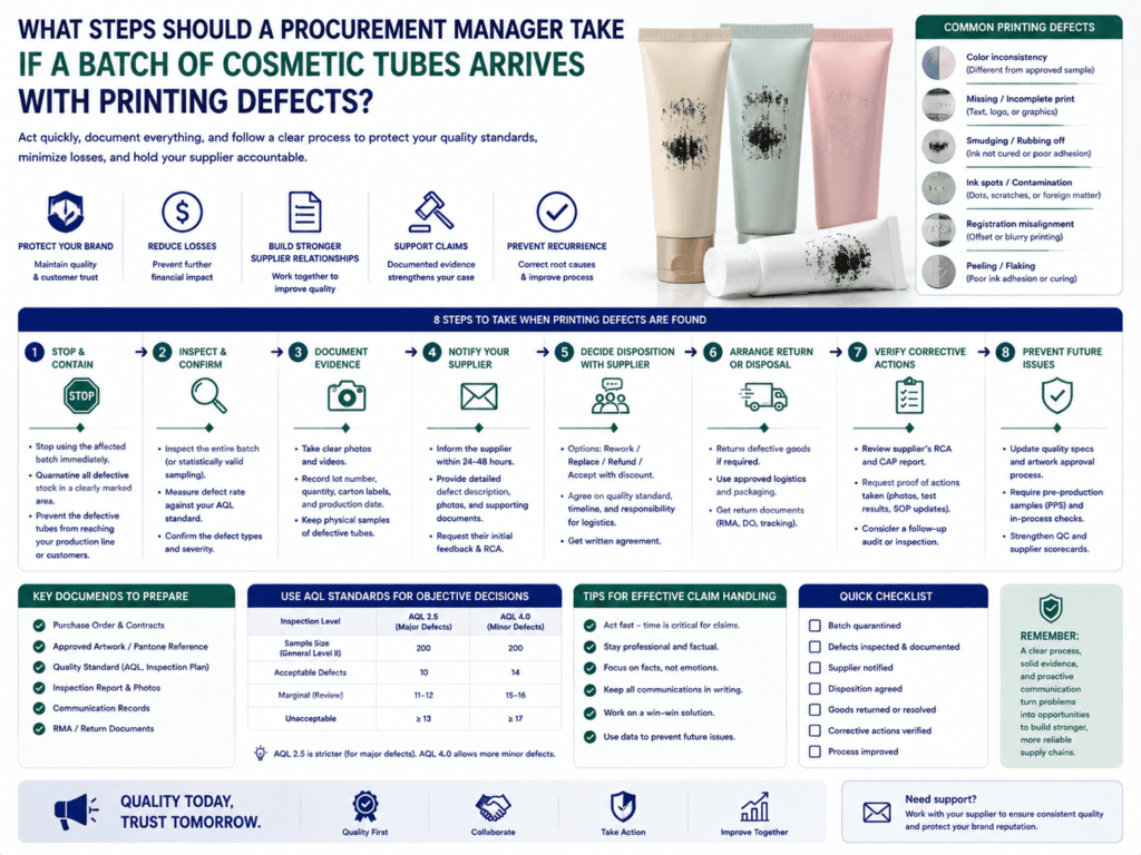 What steps should a procurement manager take if a batch of cosmetic tubes arrives with printing defects? 1 What steps should a procurement manager take if a batch of cosmetic tubes arrives with printing defects?