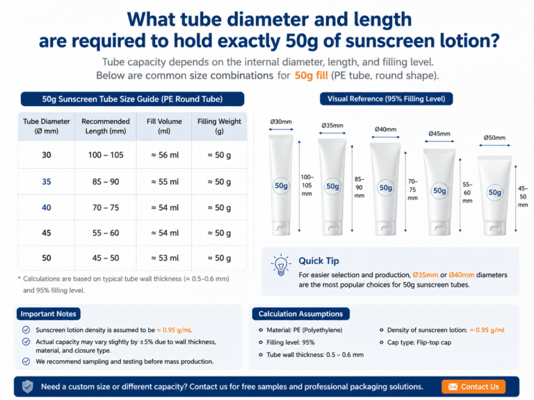 What tube diameter and length are required to hold exactly 50g of sunscreen lotion? 5 What tube diameter and length are required to hold exactly 50g of sunscreen lotion