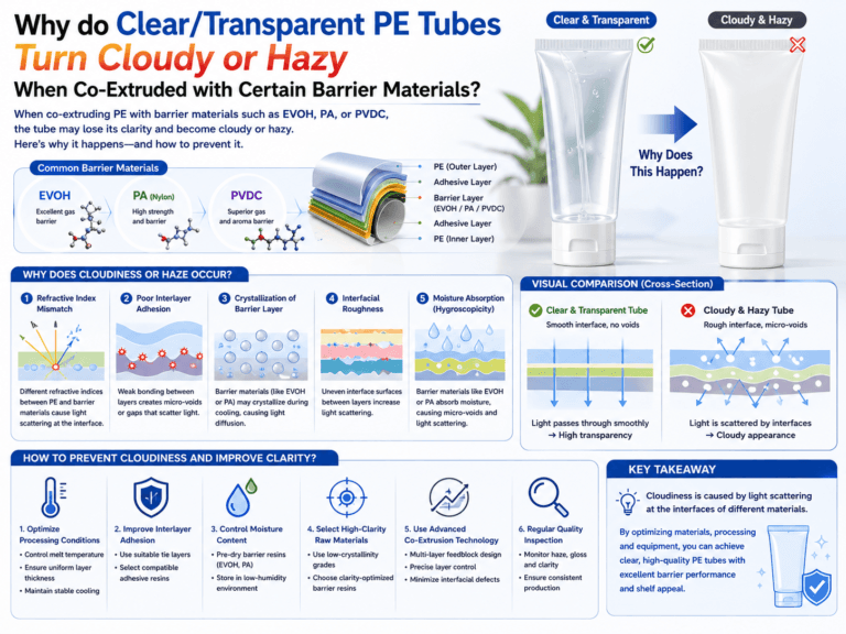 Why do clear/transparent PE tubes turn cloudy or hazy when co-extruded with certain barrier materials? 5 Why do clear:transparent PE tubes turn cloudy or hazy when co-extruded with certain barrier materials