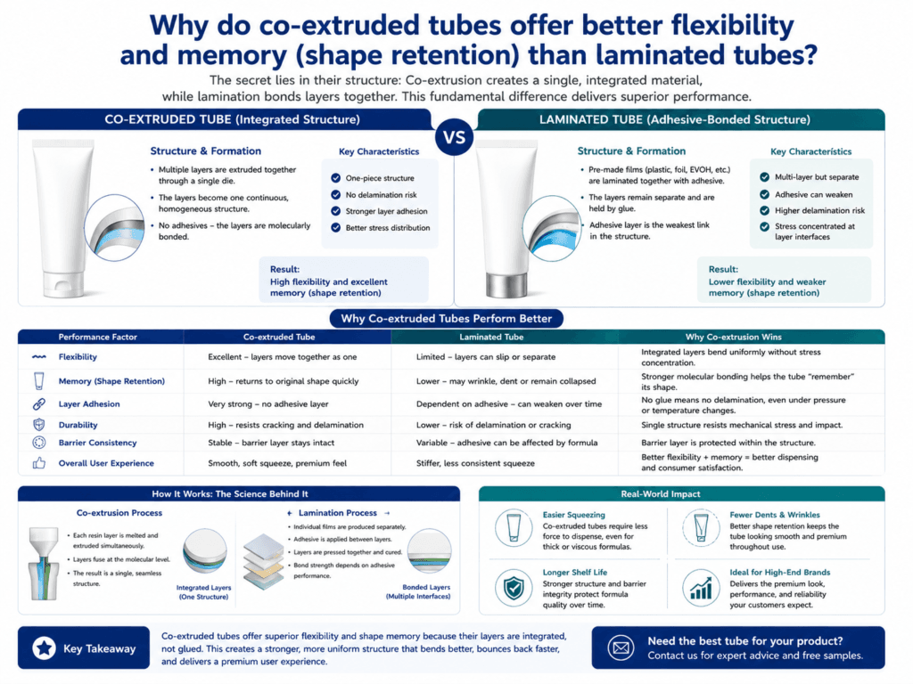 Why do co-extruded tubes offer better flexibility and memory (shape retention) than laminated tubes? 1 Why do co-extruded tubes offer better flexibility and memory (shape retention) than laminated tubes
