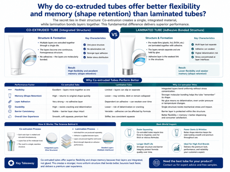 Why do co-extruded tubes offer better flexibility and memory (shape retention) than laminated tubes? 6 Why do co-extruded tubes offer better flexibility and memory (shape retention) than laminated tubes