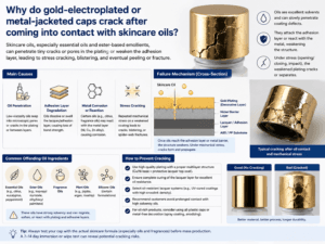 Why do gold-electroplated or metal-jacketed caps crack after coming into contact with skincare oils?