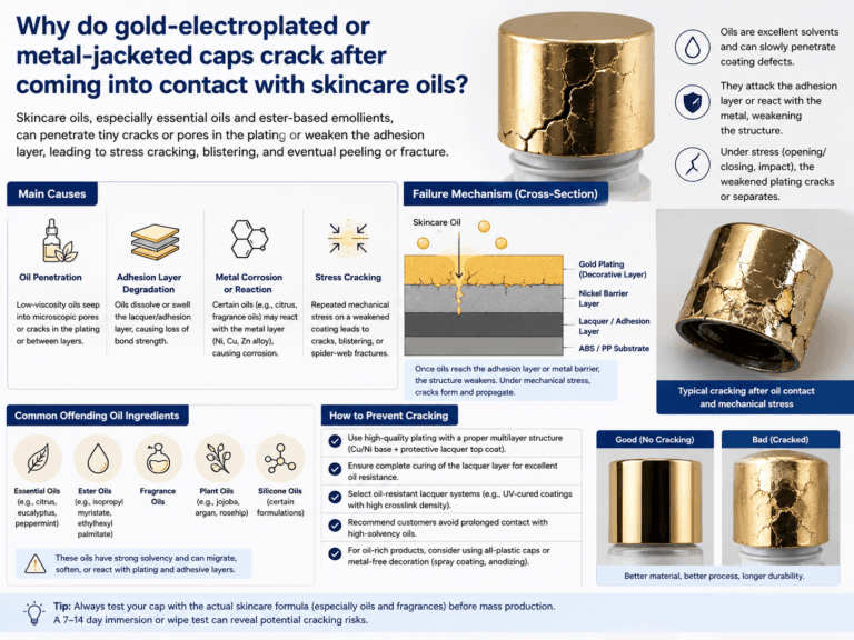 Why do gold-electroplated or metal-jacketed caps crack after coming into contact with skincare oils? 9 Why do gold-electroplated or metal-jacketed caps crack after coming into contact with skincare oils?