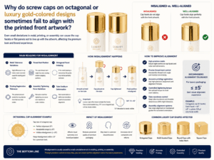 Why do screw caps on octagonal or luxury gold-colored designs sometimes fail to align with the printed front artwork?