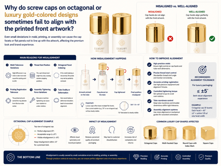 Why do screw caps on octagonal or luxury gold-colored designs sometimes fail to align with the printed front artwork? 4 Why do screw caps on octagonal or luxury gold-colored designs sometimes fail to align with the printed front artwork?