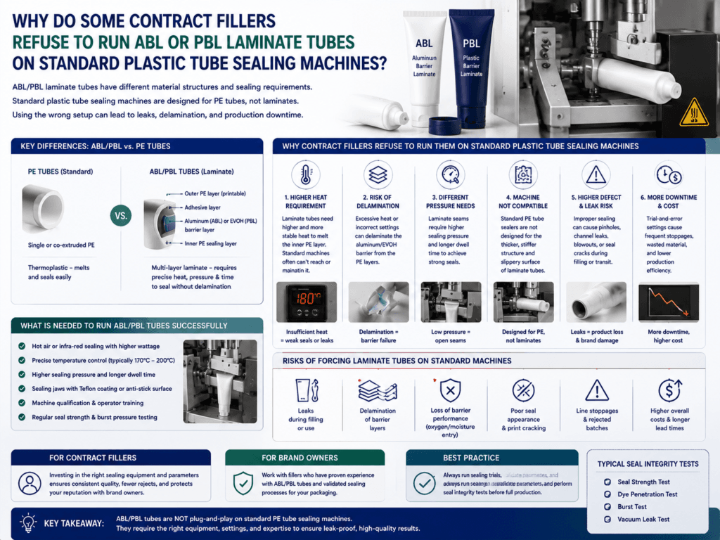 Why do some contract fillers refuse to run ABL or PBL laminate tubes on standard plastic tube sealing machines? 1 Why do some contract fillers refuse to run ABL or PBL laminate tubes on standard plastic tube sealing machines