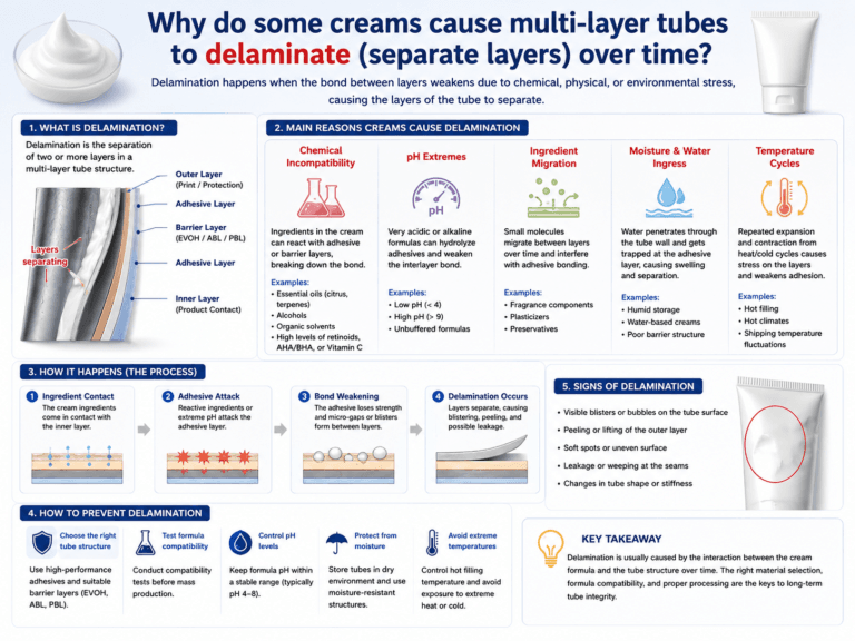 Why do some creams cause multi-layer tubes to delaminate (separate layers) over time? 1 Why do some creams cause multi-layer tubes to delaminate (separate layers) over time?