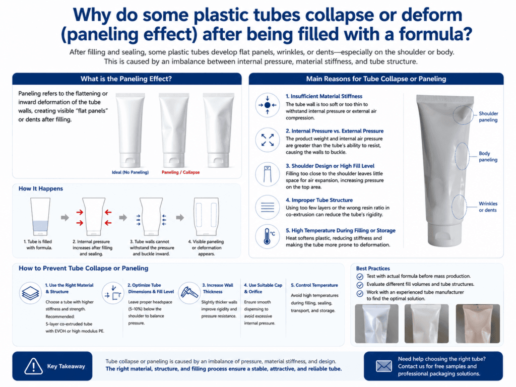 Why do some plastic tubes collapse or deform (paneling effect) after being filled with a formula? 1 Why do some plastic tubes collapse or deform (paneling effect) after being filled with a formula?
