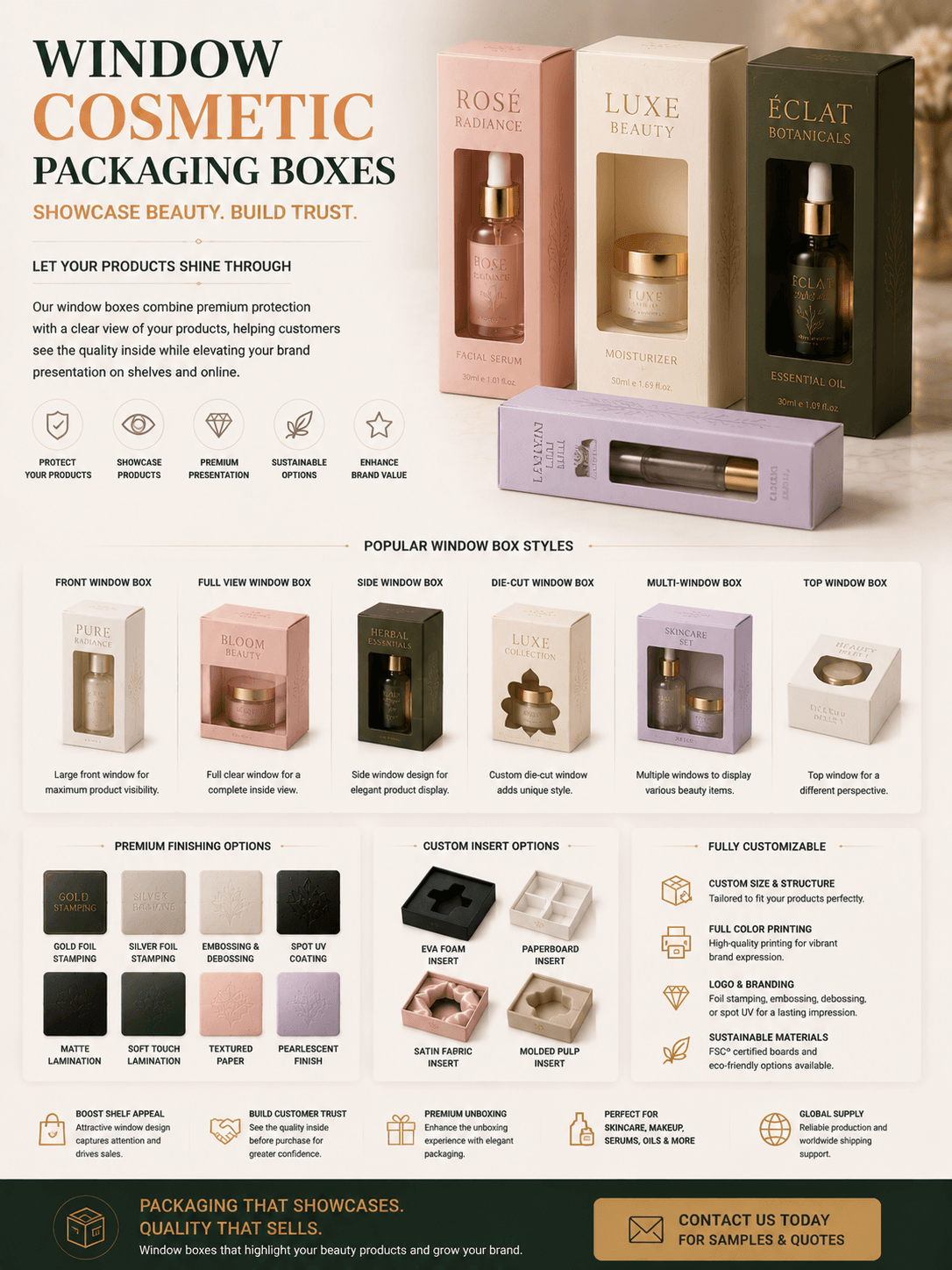 Window cosmetic packaging boxes showing beauty products inside